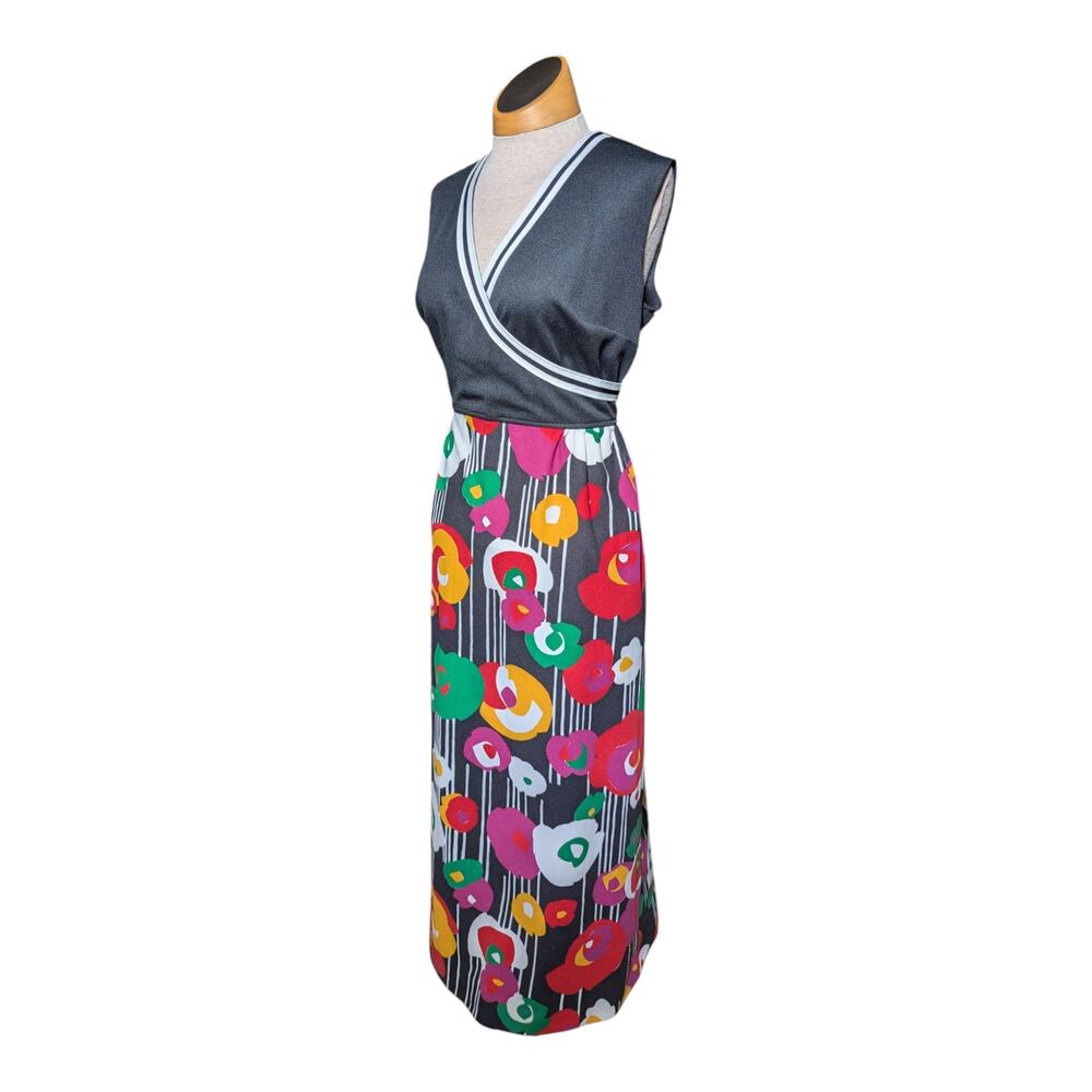 Vtg 1960s Black Colorful Mod Floral Surplice Neck Sleeveless Maxi Dress Sz 10